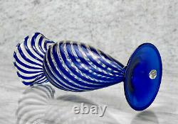 Vintage Arte Vetraria Murano Italian Blue Spiral Blown Art Glass Vases A Pair