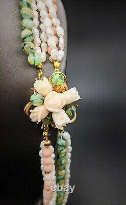 Vintage Artisan Angel Skin Coral & Murano Bead Necklace with Carved Rose Clasp
