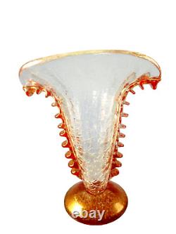 Vintage BAROVIER & TOSO MURANO ITALY ART GLASS Fan Ruffle VASE Orange Gold Fleck