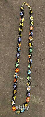 Vintage Bead Necklace Millefiori Hand Knotted Art Glass Murano Italy 20