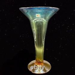 Vintage Blenko Trumpet Blue Green Orange Footed Vase W Sticker Hand Made Glass