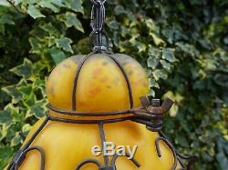 Vintage Blow Murano Glass Cage Hall Porch Lantern Wrought Iron Ceiling Light Rar