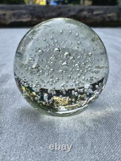 Vintage Blown Controlled Bubbles Murano Art Glass Transparent Paperweight, Ital