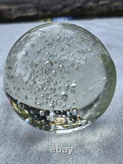 Vintage Blown Controlled Bubbles Murano Art Glass Transparent Paperweight, Ital