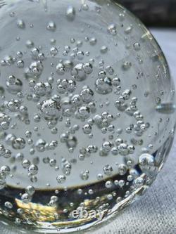 Vintage Blown Controlled Bubbles Murano Art Glass Transparent Paperweight, Ital
