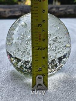 Vintage Blown Controlled Bubbles Murano Art Glass Transparent Paperweight, Ital