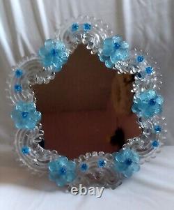 Vintage Blue Floral Italian Venetian Murano Glass Wall Table Vanity Mirror Rare