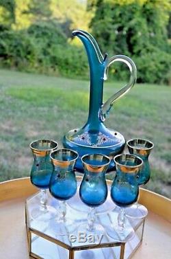 Vintage Blue Italian, withgold gilding, Venetian Murano Decanter and glass set (5)