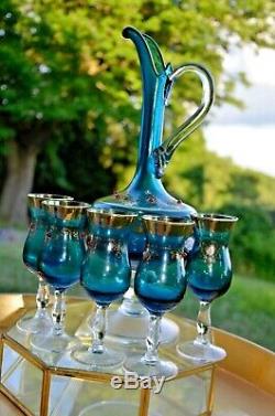 Vintage Blue Italian, withgold gilding, Venetian Murano Decanter and glass set (5)