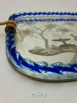 Vintage Blue Murano Etched Mirror Glass Serving Tray Ercole Barovier