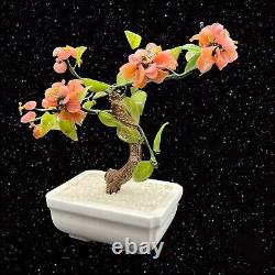 Vintage Bonsai Tree Art Glass Jade Rose Quarts Soft Pink Flowers 8t 7w