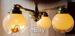 Vintage Brass Chandelier 4 arms with Murano Glass Shades Art Deco