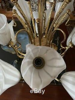 Vintage Brass Chandelier MURANO CALLA LILY GLASS SHADES ITALY White 10 Lite