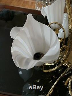 Vintage Brass Chandelier MURANO CALLA LILY GLASS SHADES ITALY White 10 Lite