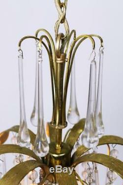 Vintage Brass Leaf Murano Glass Tear Drop Pendant Light from Palwa Germany 1970s