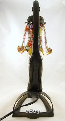 Vintage Brass Playful Cat Table Lamp with Murano Millefiori Art Glass Shade