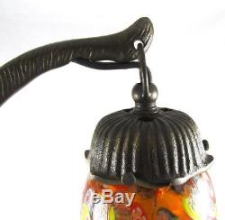 Vintage Brass Playful Cat Table Lamp with Murano Millefiori Art Glass Shade