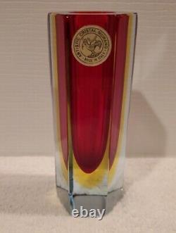 Vintage Bucella Cristalli Murano Sommerso Red To Yellow To Clear Glass Vase