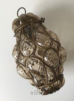 Vintage Cage Blown Murano Glass Pendant Lantern Light Venetian Glass Cognac
