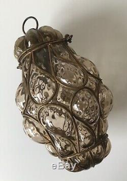 Vintage Cage Blown Murano Glass Pendant Lantern Light Venetian Glass Cognac