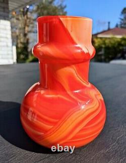 Vintage Carlo Moretti Art Glass vase orange marbled cased white Italy Murano