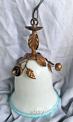 Vintage Ceiling Light Murano Glass White Blue Trim Metal Floral Bell Shape