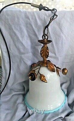 Vintage Ceiling Light Murano Glass White Blue Trim Metal Floral Bell Shape