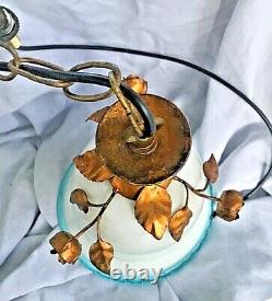 Vintage Ceiling Light Murano Glass White Blue Trim Metal Floral Bell Shape