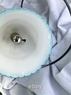 Vintage Ceiling Light Murano Glass White Blue Trim Metal Floral Bell Shape