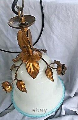 Vintage Ceiling Light Murano Glass White Blue Trim Metal Floral Bell Shape