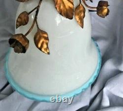 Vintage Ceiling Light Murano Glass White Blue Trim Metal Floral Bell Shape