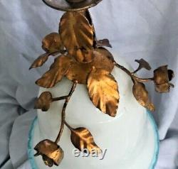 Vintage Ceiling Light Murano Glass White Blue Trim Metal Floral Bell Shape