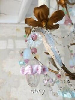 Vintage Chandelier Opalescent Opaline Milky glass Drops Beads Gilt MURANO RARE