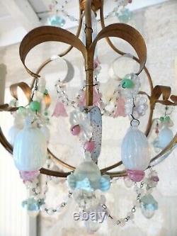 Vintage Chandelier Opalescent Opaline Milky glass Drops Beads Gilt MURANO RARE