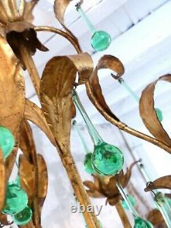 Vintage Chandelier RARE Green glass Drops Gilded Metal from MURANO 1960's