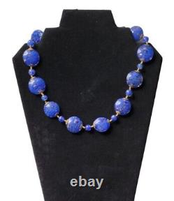 Vintage Cobalt Blue Murano Glass Aventurine Disc Gold Foil Beads Necklace