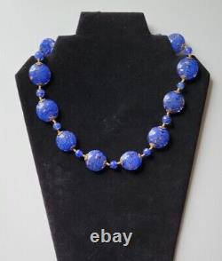 Vintage Cobalt Blue Murano Glass Aventurine Disc Gold Foil Beads Necklace