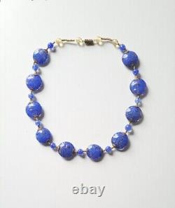 Vintage Cobalt Blue Murano Glass Aventurine Disc Gold Foil Beads Necklace