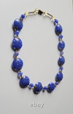 Vintage Cobalt Blue Murano Glass Aventurine Disc Gold Foil Beads Necklace