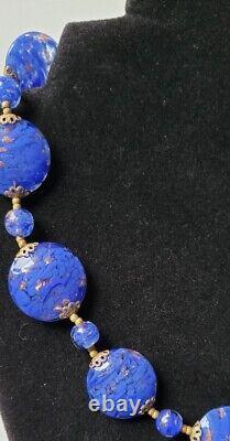 Vintage Cobalt Blue Murano Glass Aventurine Disc Gold Foil Beads Necklace