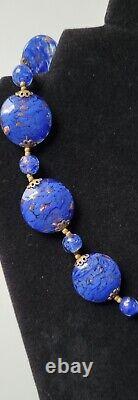 Vintage Cobalt Blue Murano Glass Aventurine Disc Gold Foil Beads Necklace