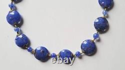 Vintage Cobalt Blue Murano Glass Aventurine Disc Gold Foil Beads Necklace