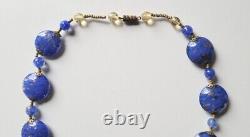 Vintage Cobalt Blue Murano Glass Aventurine Disc Gold Foil Beads Necklace