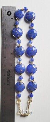 Vintage Cobalt Blue Murano Glass Aventurine Disc Gold Foil Beads Necklace