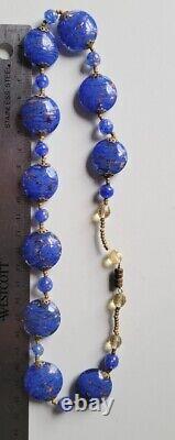 Vintage Cobalt Blue Murano Glass Aventurine Disc Gold Foil Beads Necklace