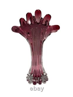 Vintage Czech Murano Blown Venetian Glass Vase Sommerso Fan Cranberry Pink 13