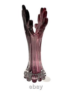 Vintage Czech Murano Blown Venetian Glass Vase Sommerso Fan Cranberry Pink 13