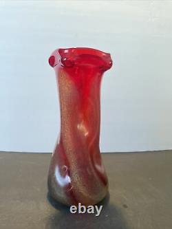 Vintage Dino Martens Murano Glass Red Vase With Yellow Blue