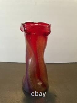 Vintage Dino Martens Murano Glass Red Vase With Yellow Blue