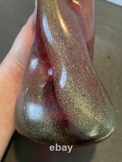 Vintage Dino Martens Murano Glass Red Vase With Yellow Blue